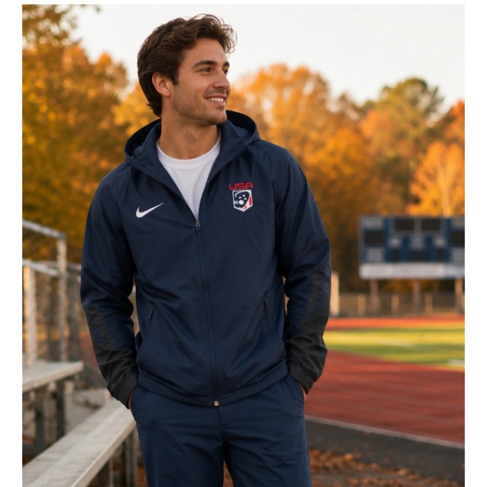 Nike USA Logo Sports Lacrosse Navy Hoodie Windbreaker Full Zip Jacket Mens S EUC